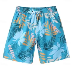 Men's Shorts Beach Shorts Drawstring Graphic Leaf Animal Breathable Quick Dry Knee Length Outdoor Vacation Home Vacation Ethnic Style Lake blue ArmyGreen Stretchy