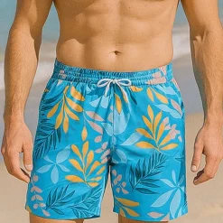 Men's Shorts Beach Shorts Drawstring Graphic Leaf Animal Breathable Quick Dry Knee Length Outdoor Vacation Home Vacation Ethnic Style Lake blue ArmyGreen Stretchy