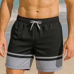 Men's Shorts Beach Shorts Drawstring Color Block Breathable Quick Dry Knee Length Outdoor Vacation Home Vacation Ethnic Style Black+Grey Dark Red Stretchy