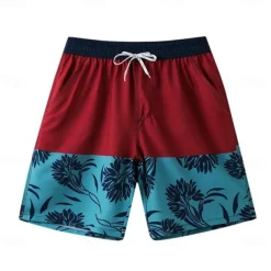Men's Shorts Beach Shorts Drawstring Color Block Breathable Quick Dry Knee Length Outdoor Vacation Home Vacation Ethnic Style Black+Grey Dark Red Stretchy