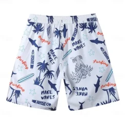 Men's Shorts Beach Shorts Drawstring Graphic Leaf Tree Breathable Quick Dry Knee Length Outdoor Vacation Home Vacation Ethnic Style White & Blue Dark Blue Micro-elastic