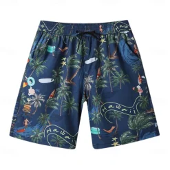 Men's Shorts Beach Shorts Drawstring Graphic Leaf Tree Breathable Quick Dry Knee Length Outdoor Vacation Home Vacation Ethnic Style White & Blue Dark Blue Micro-elastic
