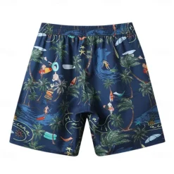 Men's Shorts Beach Shorts Drawstring Graphic Leaf Tree Breathable Quick Dry Knee Length Outdoor Vacation Home Vacation Ethnic Style White & Blue Dark Blue Micro-elastic