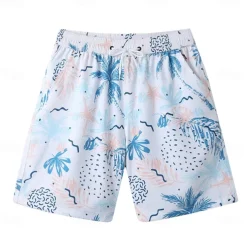 Men's Shorts Beach Shorts Drawstring Graphic Leaf Tree Breathable Quick Dry Knee Length Outdoor Vacation Home Vacation Ethnic Style White & Blue Dark Blue Micro-elastic