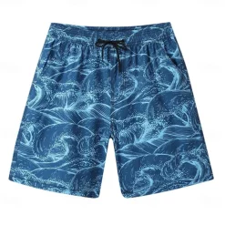 Men's Shorts Beach Shorts Drawstring Ocean Abstract Abstract Art Breathable Quick Dry Knee Length Outdoor Vacation Home Vacation Ethnic Style Lake blue Navy Blue Stretchy