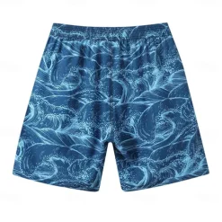Men's Shorts Beach Shorts Drawstring Ocean Abstract Abstract Art Breathable Quick Dry Knee Length Outdoor Vacation Home Vacation Ethnic Style Lake blue Navy Blue Stretchy