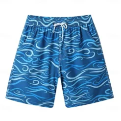 Men's Shorts Beach Shorts Drawstring Ocean Abstract Abstract Art Breathable Quick Dry Knee Length Outdoor Vacation Home Vacation Ethnic Style Lake blue Navy Blue Stretchy