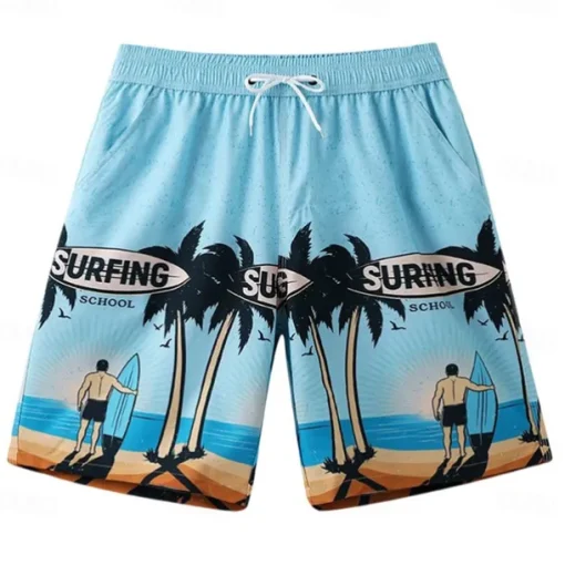 Men's Shorts Beach Shorts Pocket Drawstring Elastic Waist Graphic Leaf Tree Breathable Quick Dry Knee Length Outdoor Vacation Home Vacation Ethnic Style Lake blue Dark Blue / Red Micro-elastic