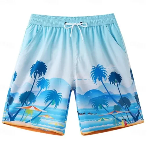 Men's Shorts Beach Shorts Pocket Drawstring Elastic Waist Graphic Leaf Tree Breathable Quick Dry Knee Length Outdoor Vacation Home Vacation Ethnic Style Lake blue Dark Blue / Red Micro-elastic