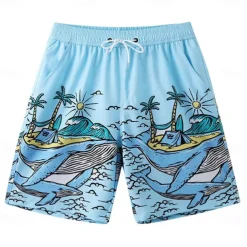 Men's Shorts Beach Shorts Pocket Drawstring Elastic Waist Graphic Leaf Tree Breathable Quick Dry Knee Length Outdoor Vacation Home Vacation Ethnic Style Lake blue Dark Blue / Red Micro-elastic