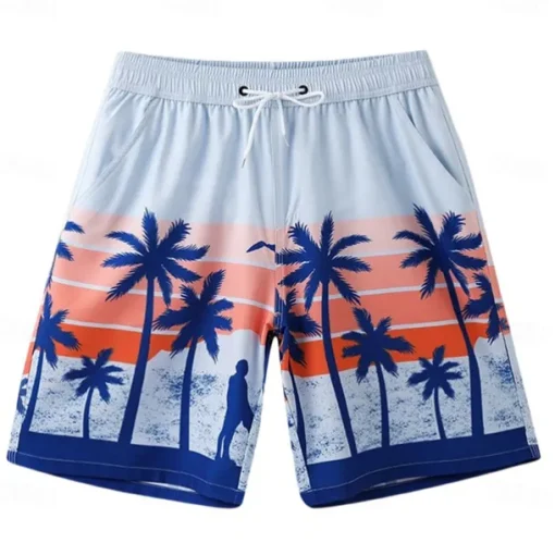 Men's Shorts Beach Shorts Pocket Drawstring Elastic Waist Graphic Leaf Tree Breathable Quick Dry Knee Length Outdoor Vacation Home Vacation Ethnic Style Lake blue Dark Blue / Red Micro-elastic