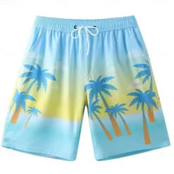 Men's Shorts Beach Shorts Pocket Drawstring Elastic Waist Graphic Leaf Tree Breathable Quick Dry Knee Length Outdoor Vacation Home Vacation Ethnic Style Lake blue Dark Blue / Red Micro-elastic