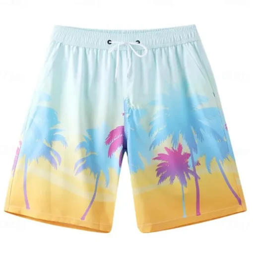 Men's Shorts Beach Shorts Pocket Drawstring Elastic Waist Graphic Leaf Tree Breathable Quick Dry Knee Length Outdoor Vacation Home Vacation Ethnic Style Lake blue Dark Blue / Red Micro-elastic