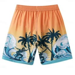 Men's Shorts Beach Shorts Pocket Drawstring Elastic Waist Graphic Leaf Tree Breathable Quick Dry Knee Length Outdoor Vacation Home Vacation Ethnic Style Lake blue Dark Blue / Red Micro-elastic