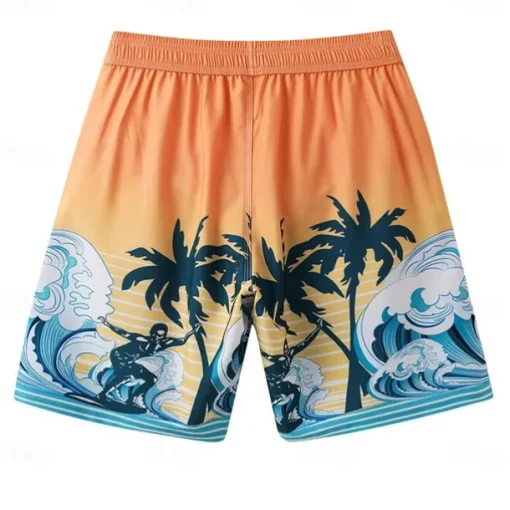 Men's Shorts Beach Shorts Pocket Drawstring Elastic Waist Graphic Leaf Tree Breathable Quick Dry Knee Length Outdoor Vacation Home Vacation Ethnic Style Lake blue Dark Blue / Red Micro-elastic