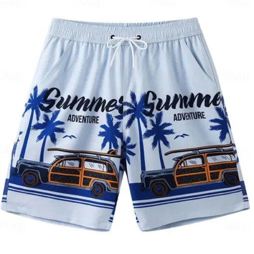 Men's Shorts Beach Shorts Pocket Drawstring Elastic Waist Graphic Leaf Tree Breathable Quick Dry Knee Length Outdoor Vacation Home Vacation Ethnic Style Lake blue Dark Blue / Red Micro-elastic