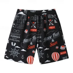 Men's Shorts Beach Shorts Drawstring Graphic Letter Abstract Breathable Quick Dry Knee Length Outdoor Vacation Home Vacation Ethnic Style Lake blue White & Blue Stretchy
