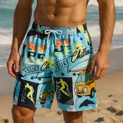Men's Shorts Beach Shorts Drawstring Graphic Letter Abstract Breathable Quick Dry Knee Length Outdoor Vacation Home Vacation Ethnic Style Lake blue White & Blue Stretchy