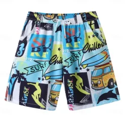 Men's Shorts Beach Shorts Drawstring Graphic Letter Abstract Breathable Quick Dry Knee Length Outdoor Vacation Home Vacation Ethnic Style Lake blue White & Blue Stretchy