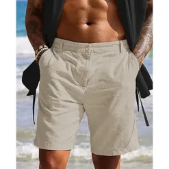 Men's Shorts Linen Shorts Summer Shorts Beach Shorts Pocket Plain Comfort Breathable Outdoor Daily Going out Fashion Casual White Blue