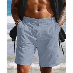 Men's Shorts Linen Shorts Summer Shorts Beach Shorts Pocket Plain Comfort Breathable Outdoor Daily Going out Fashion Casual White Blue
