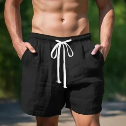 Men's Shorts Linen Shorts Summer Shorts Pocket Drawstring Elastic Waist Plain Comfort Breathable Short Casual Daily Holiday Fashion Classic Style Black White