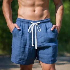 Men's Shorts Linen Shorts Summer Shorts Pocket Drawstring Elastic Waist Plain Comfort Breathable Short Casual Daily Holiday Fashion Classic Style Black White