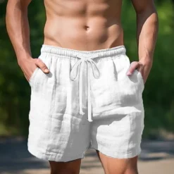 Men's Shorts Linen Shorts Summer Shorts Pocket Drawstring Elastic Waist Plain Comfort Breathable Short Casual Daily Holiday Fashion Classic Style Black White