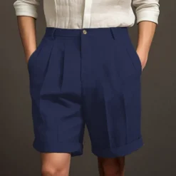 Men's Shorts Linen Shorts Dress Shorts Summer Shorts Pleated Shorts Buttons Pocket Pleats Plain Comfort Breathable Short Casual Daily Holiday Fashion Designer Black White