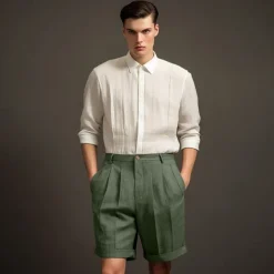 Men's Shorts Linen Shorts Dress Shorts Summer Shorts Pleated Shorts Buttons Pocket Pleats Plain Comfort Breathable Short Casual Daily Holiday Fashion Designer Black White