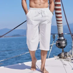 Men's Shorts Linen Shorts Summer Shorts Beach Shorts Capri Pants Pocket Drawstring Elastic Waist Plain Comfort Breathable Outdoor Daily Going out Fashion Streetwear Black White