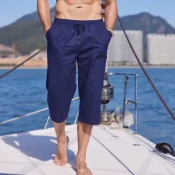 Men's Shorts Linen Shorts Summer Shorts Beach Shorts Capri Pants Pocket Drawstring Elastic Waist Plain Comfort Breathable Outdoor Daily Going out Fashion Streetwear Black White