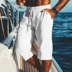 Men's Shorts Linen Shorts Summer Shorts Beach Shorts Pocket Drawstring Elastic Waist Plain Comfort Breathable Calf-Length Vacation Holiday Beach Hawaiian Boho Black White