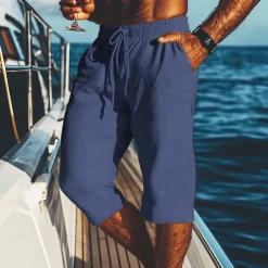 Men's Shorts Linen Shorts Summer Shorts Beach Shorts Pocket Drawstring Elastic Waist Plain Comfort Breathable Calf-Length Vacation Holiday Beach Hawaiian Boho Black White