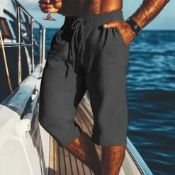 Men's Shorts Linen Shorts Summer Shorts Beach Shorts Pocket Drawstring Elastic Waist Plain Comfort Breathable Calf-Length Vacation Holiday Beach Hawaiian Boho Black White