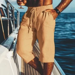 Men's Shorts Linen Shorts Summer Shorts Beach Shorts Pocket Drawstring Elastic Waist Plain Comfort Breathable Calf-Length Vacation Holiday Beach Hawaiian Boho Black White