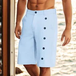 Men's Shorts Linen Shorts Summer Shorts Beach Shorts Button Up Pocket Plain Comfort Breathable Short Vacation Holiday Beach Hawaiian Boho White Sky Blue