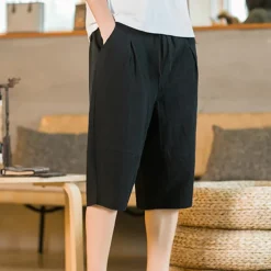 Men's Shorts Linen Shorts Summer Shorts Beach Shorts Capri Pants Drawstring Elastic Waist Plain Breathable Soft Calf-Length Casual Daily Holiday Linen / Cotton Blend Streetwear Hawaiian Black Blue