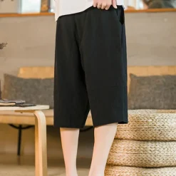 Men's Shorts Linen Shorts Summer Shorts Beach Shorts Capri Pants Drawstring Elastic Waist Plain Breathable Soft Calf-Length Casual Daily Holiday Linen / Cotton Blend Streetwear Hawaiian Black Blue