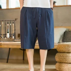Men's Shorts Linen Shorts Summer Shorts Beach Shorts Capri Pants Drawstring Elastic Waist Plain Breathable Soft Calf-Length Casual Daily Holiday Linen / Cotton Blend Streetwear Hawaiian Black Blue