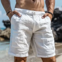 Men's Shorts Linen Shorts Summer Shorts Pocket Multi Pocket Straight Leg Plain Comfort Breathable Knee Length Outdoor Daily Holiday Fashion Streetwear White