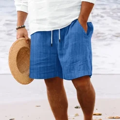 Men's Shorts Linen Shorts Summer Shorts Beach Shorts Pocket Drawstring Elastic Waist Stripe Comfort Breathable Knee Length Outdoor Holiday Beach Vacation Hawaiian Black Royal Blue