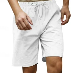 Men's Shorts Linen Shorts Summer Shorts Beach Shorts Pocket Drawstring Elastic Waist Plain Comfort Breathable Knee Length Casual Daily Holiday Fashion Classic Style Black White