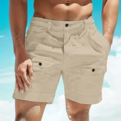 Men's Shorts Linen Shorts Summer Shorts Beach Shorts Buttons Pocket Elastic Waist Plain Comfort Breathable Short Casual Daily Holiday Fashion Classic Style White Khaki