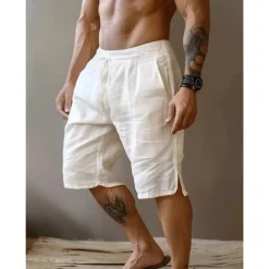 Men's Shorts Linen Shorts Summer Shorts Split Front Pocket Straight Leg Plain Comfort Breathable Knee Length Party Outdoor Casual Fashion Basic Black White