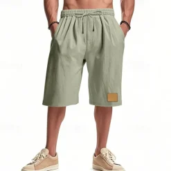 Men's Shorts Linen Shorts Summer Shorts Beach Shorts Pocket Drawstring Elastic Waist Plain Comfort Breathable Knee Length Vacation Holiday Beach Hawaiian Boho Black White