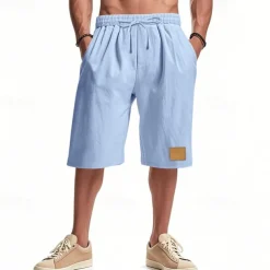 Men's Shorts Linen Shorts Summer Shorts Beach Shorts Pocket Drawstring Elastic Waist Plain Comfort Breathable Knee Length Vacation Holiday Beach Hawaiian Boho Black White