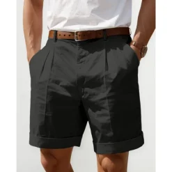 Men's Shorts Linen Shorts Dress Shorts Summer Shorts Pleated Shorts Pocket Pleats Straight Leg Plain Comfort Breathable Short Casual Daily Holiday Fashion Designer Black White