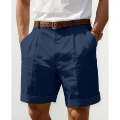 Men's Shorts Linen Shorts Dress Shorts Summer Shorts Pleated Shorts Pocket Pleats Straight Leg Plain Comfort Breathable Short Casual Daily Holiday Fashion Designer Black White
