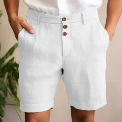 Men's Shorts Linen Shorts Summer Shorts Beach Shorts Buttons Pocket Straight Leg Plain Comfort Breathable Short Casual Daily Holiday Fashion Designer Black White